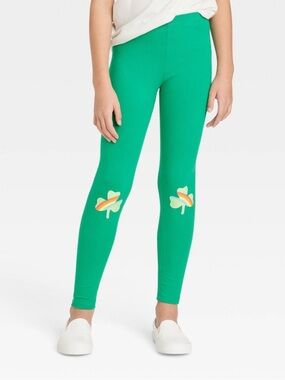 ⭐️ Cat & Jack Green Girls' Leggings with Shamrock Knee Patches Size XL (14)